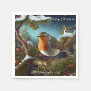A cute Robin on a Christmas Tree Paper Plates Napkin