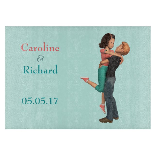 A Cute Romance: Sweethearts Embrace (Personalized) Cutting Board (Front)