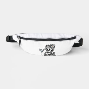 A cute skeleton with a flower and a drink. fanny pack