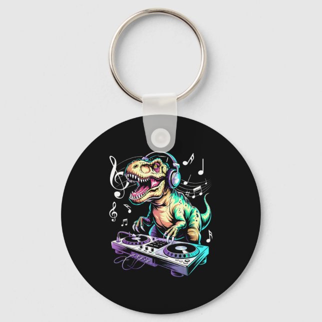 A Cute T-rex Playing Electronic Music Funny Dj Din Keychain (Front)