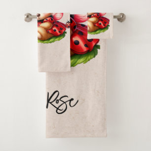 A Cute Teddy Bear Dressed Like a Ladybug Bath Towel Set