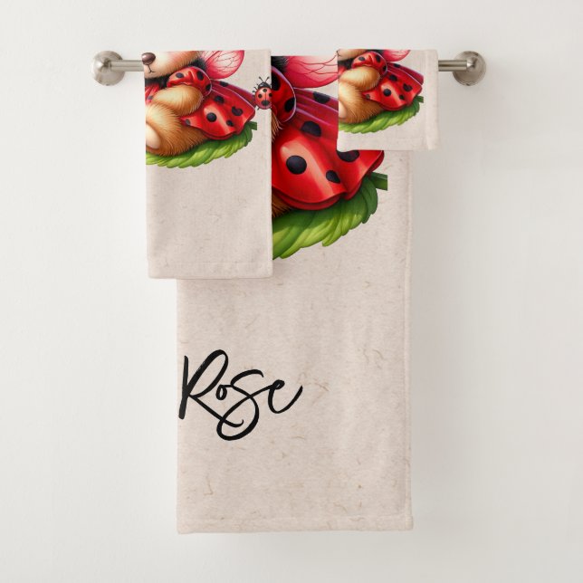 A Cute Teddy Bear Dressed Like a Ladybug Bath Towel Set (Insitu)
