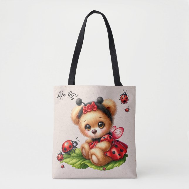 A Cute Teddy Bear Dressed Like a Ladybug Custom Tote Bag (Front)