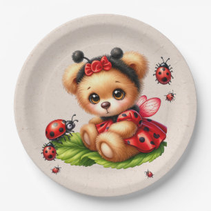 A Cute Teddy Bear Dressed Like a Ladybug Paper Plate