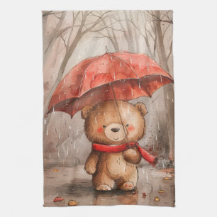 A Cute Teddy Bear in The Rain Kitchen Towel