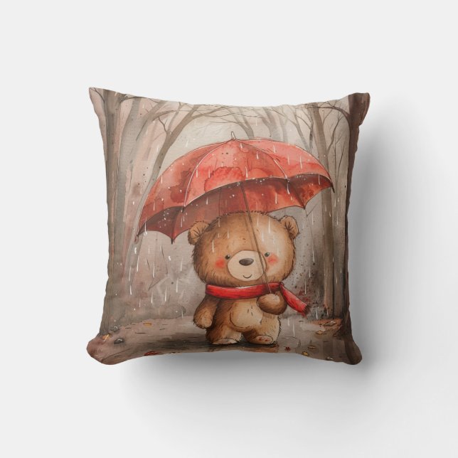 A Cute Teddy Bear in The Rain Throw Pillow (Front)