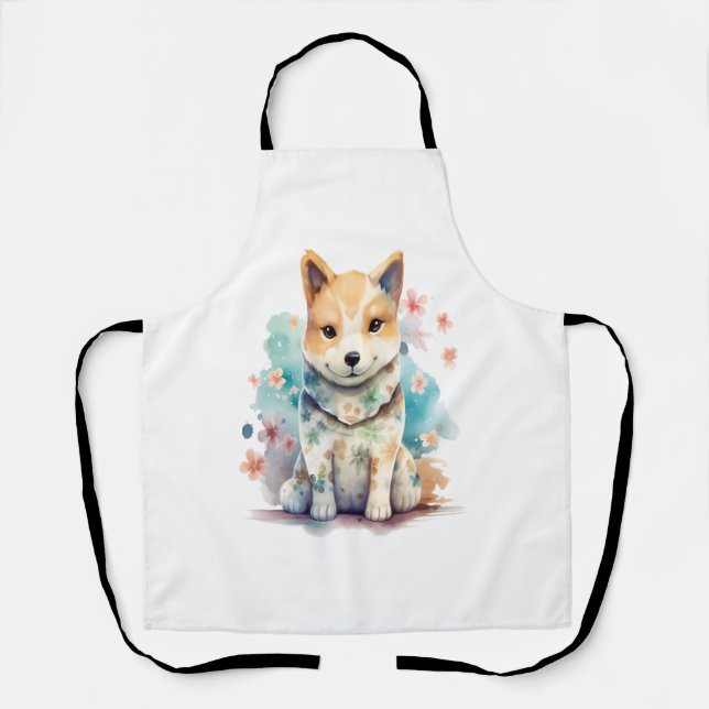 A cute well-behaved dog in a floral   apron (Front)