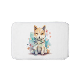 A cute well-behaved dog in a floral   bath mat