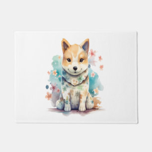 A cute well-behaved dog in a floral doormat