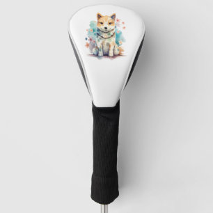 A cute well-behaved dog in a floral golf head cover