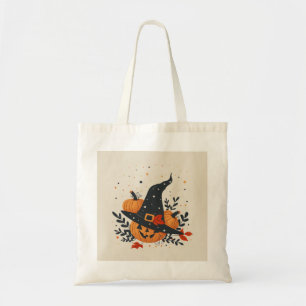 A cute witch hat with pumpkins and leaves tote bag