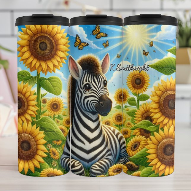 A Cute Zebra in a Sunflower Field Thermal Tumbler (Creator Uploaded)