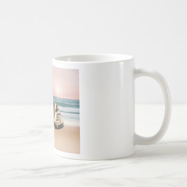 A Cuter Striped Cat Sitting on Beach with sunset Coffee Mug (Right)
