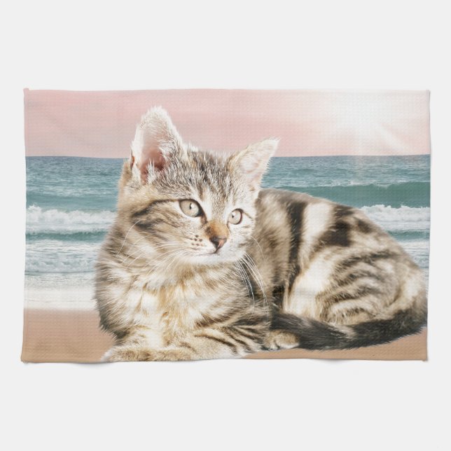 A Cuter Striped Cat Sitting on Beach with sunset Kitchen Towel (Horizontal)