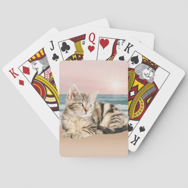 A Cuter Striped Cat Sitting on Beach with sunset Playing Cards (Back)