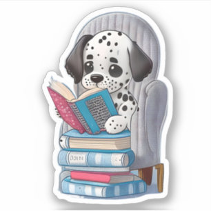 A Dalmation puppy reading a book