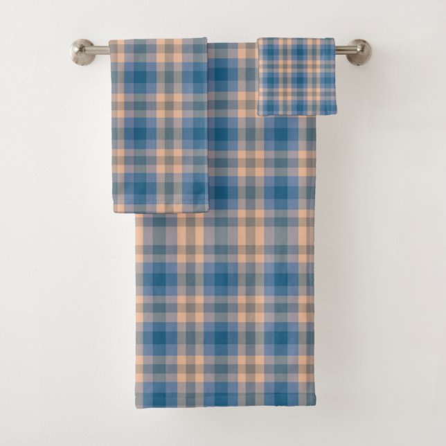à damiers Plaid Beige Bleu Gris Et Pêche (En situation)