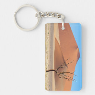 A dead tree on a desert plain with dunes keychain