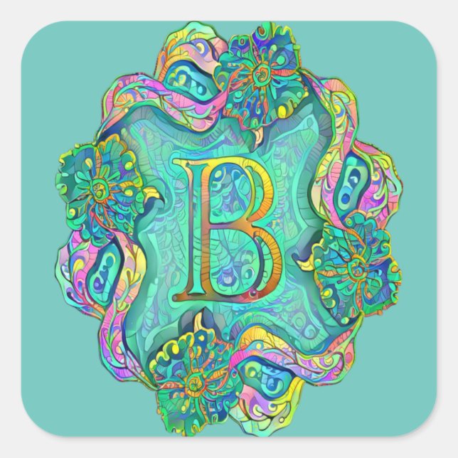 A decorative initial letter "B" with flowers  Square Sticker (Front)