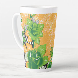 A decorative motif displaying ornate green and ora latte mug