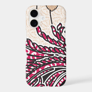 A decorative paisley design with vivid red and pin