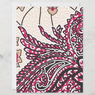 A decorative paisley design with vivid red and pin