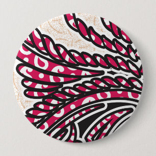 A decorative paisley design with vivid red and pin