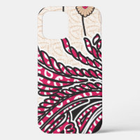 A decorative paisley design with vivid red and pin