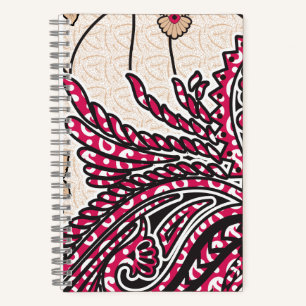 A decorative paisley design with vivid red and pin notebook