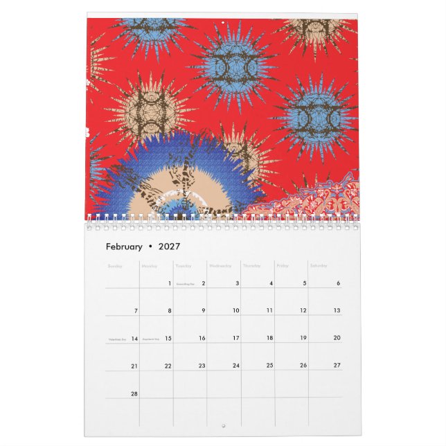 A decorative paisley pattern in red and blue, enha calendar (Feb 2027)