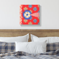 A decorative paisley pattern in red and blue, enha