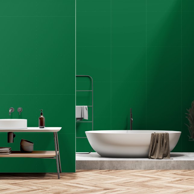 A deep green background contrasted by a crisp whit wallpaper (Bathroom)