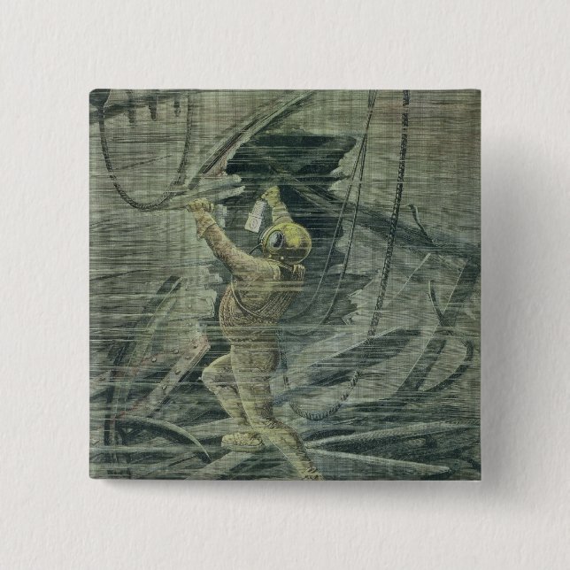 A Deep Sea Diver Looking at the Wrecks 2 Inch Square Button (Front)