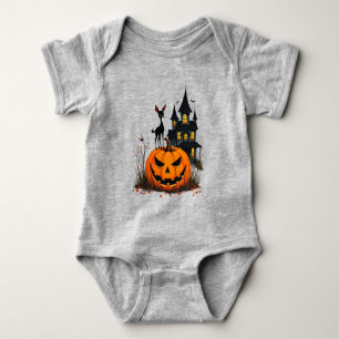 A Deer on a Halloween Pumpkin and a Haunted House Baby Bodysuit