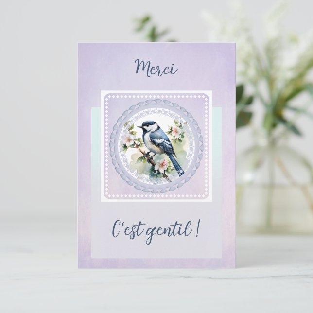 A delicate thank you - Bird and flowers Card (Standing Front)