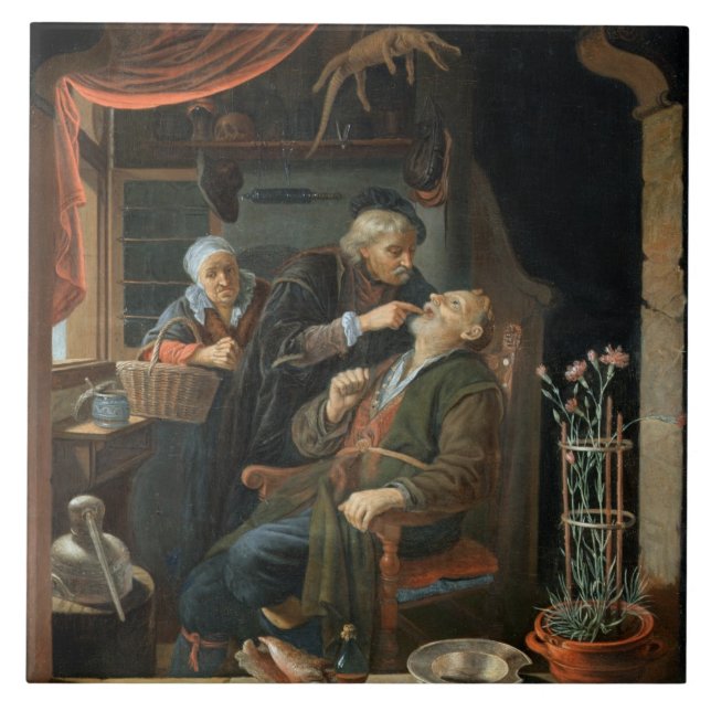 A Dentist Examining The Tooth of an Old Man (oil o Tile (Front)