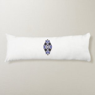 a design of a blue and black flower body pillow