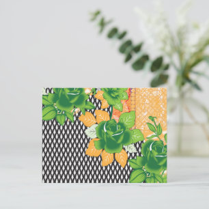 a design of a green and yellow wall hanging postcard