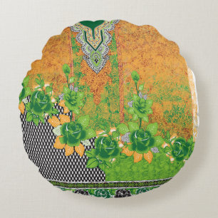 a design of a green and yellow wall hanging round pillow