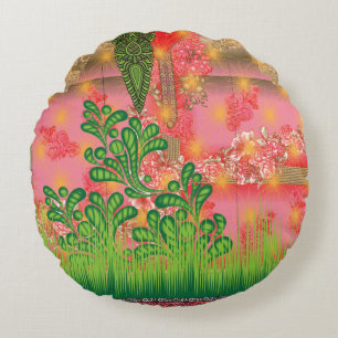 a design of a mirror and some plants round pillow