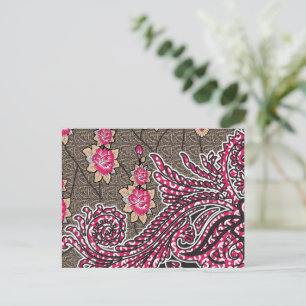 a design of a pink and brown paisley pattern postcard