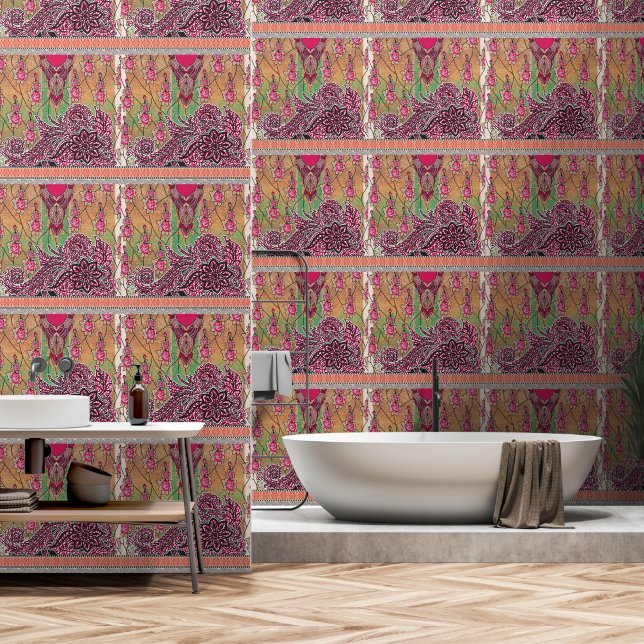 a design of a pink and brown paisley pattern wallpaper (Bathroom)