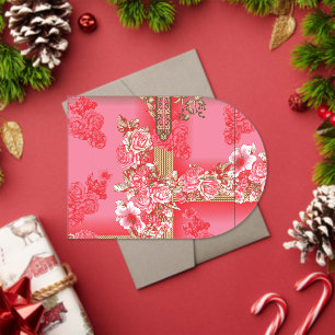a design of a pink and gold background with a red acrylic invitations