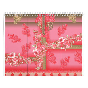 a design of a pink and gold background with a red  calendar