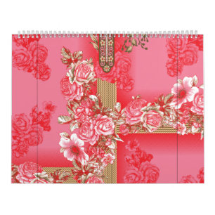 a design of a pink and gold background with a red  calendar
