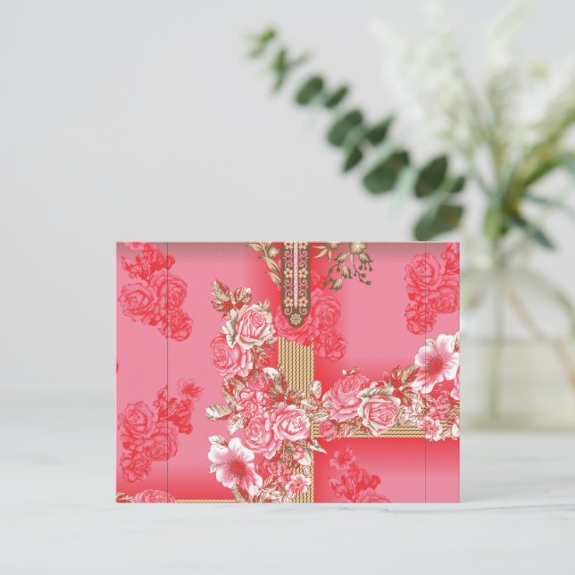 a design of a pink and gold background with a red  postcard (Standing Front)