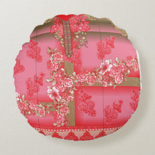 a design of a pink and gold background with a red  round pillow