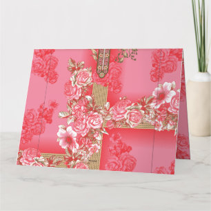 a design of a pink and gold background with a red  thank you card