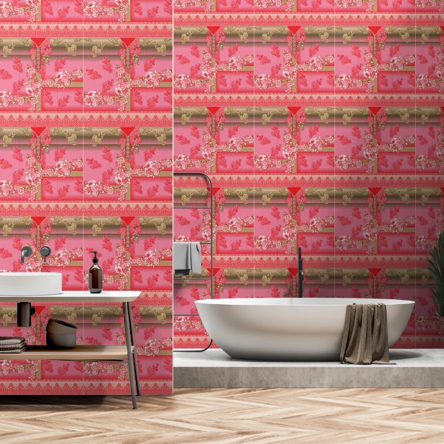a design of a pink and gold background with a red  wallpaper (Bathroom)