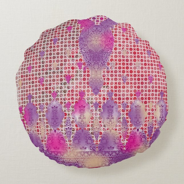 a design of a purple background with dots round pillow (Back)